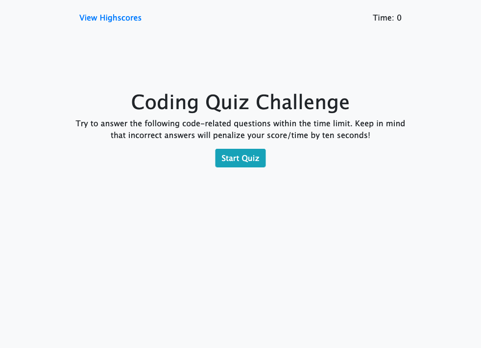 Screenshot of my code quiz app