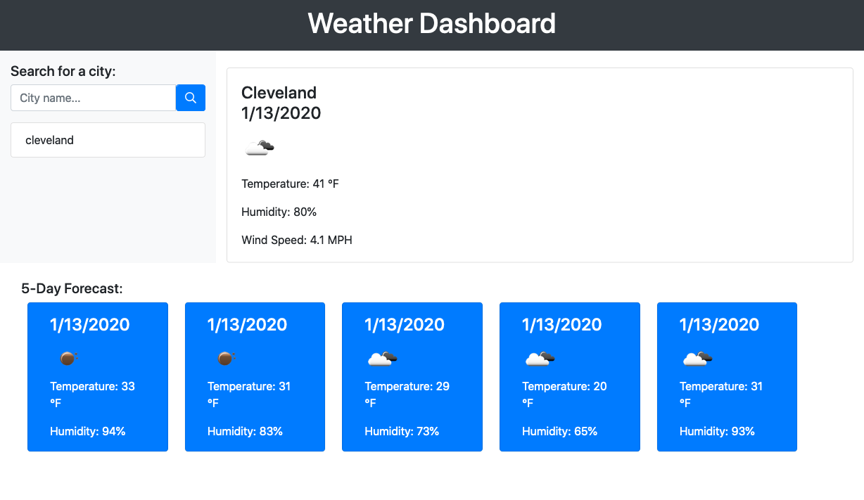 Screenshot of my weather dashboard app